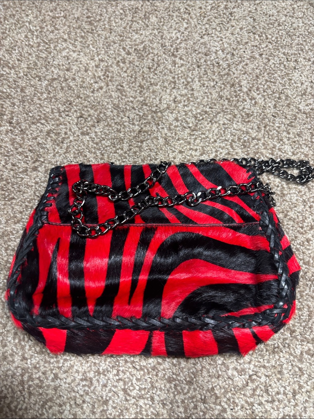 Badgley Mischka Red and Black Zebra animal hair Chain Shoulder Bag - vintage - Picture 5 of 10